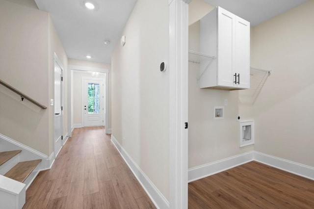 160 Doris Path, Dallas, GA 30157 - clothes washing area with light wood-style flooring, cabinet space, hookup for an electric dryer, hookup for a washing machine, and recessed lighting