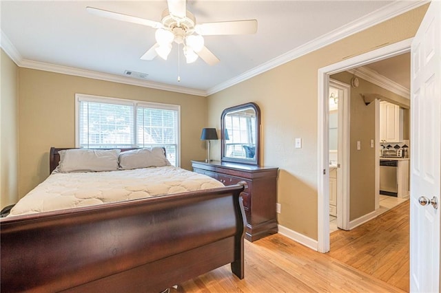 bedroom featuring ceiling fan, light wood-type flooring, and ornamental molding