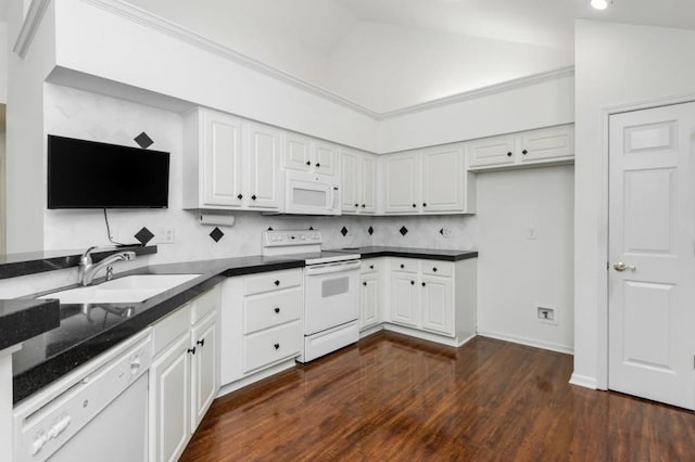 kitchen with dark wood-style flooring, white cabinets, white appliances, and a sink