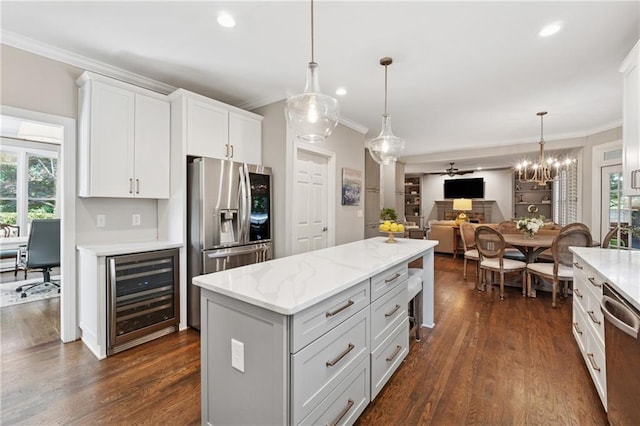 4750 Freeport Bay NE, Roswell, GA 30075 - kitchen with beverage cooler, appliances with stainless steel finishes, crown molding, open floor plan, and dark wood-type flooring