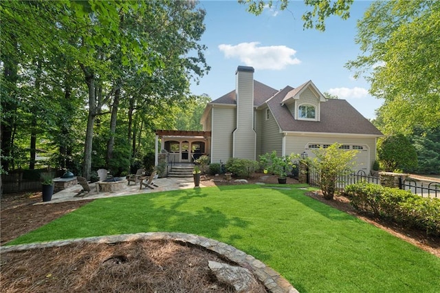 4750 Freeport Bay NE, Roswell, GA 30075 - back of property featuring a fire pit, an attached garage, a patio, a chimney, and roof with shingles