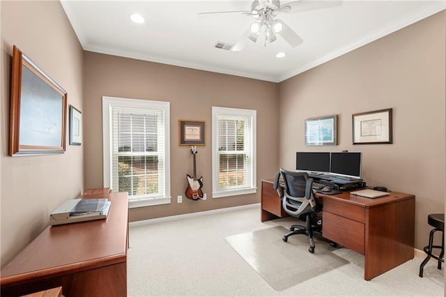 office featuring healthy amount of natural light, carpet floors, a ceiling fan, crown molding, and recessed lighting