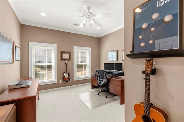 home office featuring carpet flooring, ceiling fan, crown molding, baseboards, and recessed lighting
