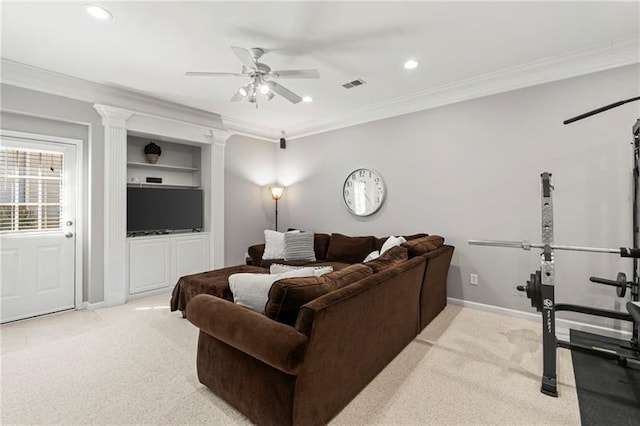living room with light carpet, crown molding, ceiling fan, recessed lighting, and baseboards