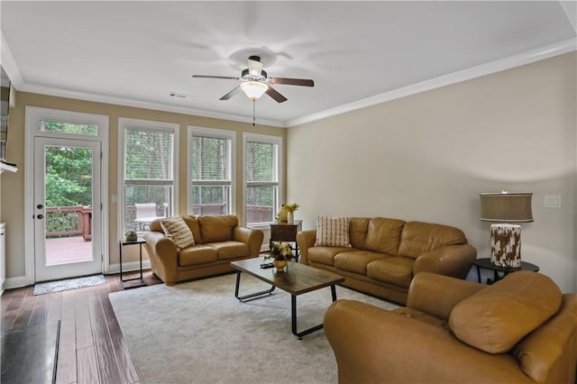 3920 Baverton Dr, Suwanee, GA 30024 - living room featuring ceiling fan, crown molding, and hardwood / wood-style flooring