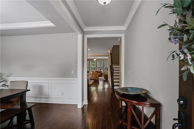 3920 Baverton Dr, Suwanee, GA 30024 - hall with dark wood finished floors, crown molding, wainscoting, and stairway