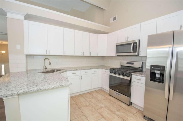 kitchen with light stone counters, white cabinets, sink, kitchen peninsula, and appliances with stainless steel finishes