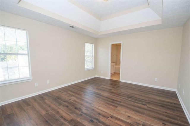 spare room with a tray ceiling, dark hardwood / wood-style flooring, and plenty of natural light