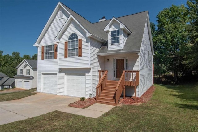 view of front of house featuring covered porch, a front yard, and a garage