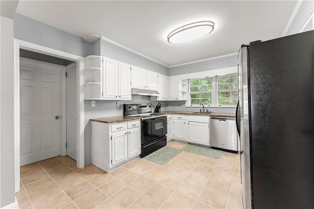 kitchen featuring stainless steel appliances, open shelves, under cabinet range hood, a sink, and white cabinetry