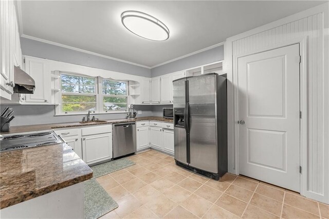 kitchen with stainless steel appliances, open shelves, a sink, extractor fan, and crown molding