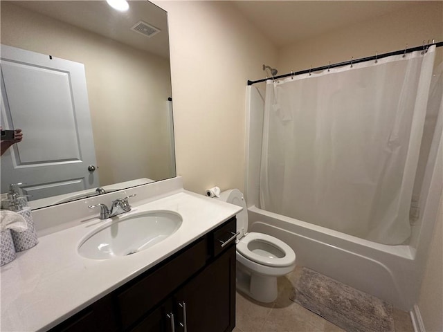 full bathroom with tile patterned floors, vanity, toilet, and shower / tub combo with curtain