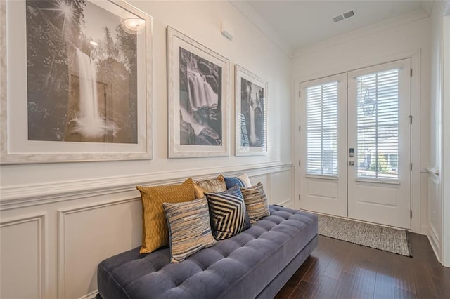bedroom with visible vents, recessed lighting, dark wood-type flooring, and baseboards
