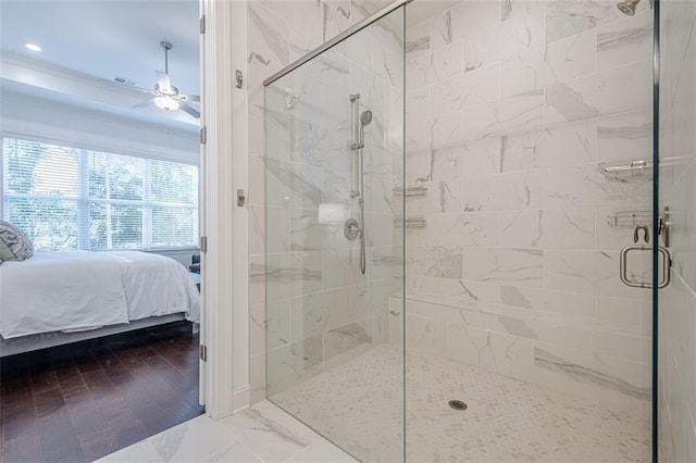 ensuite bathroom featuring ensuite bath, a ceiling fan, marble finish floor, and a shower stall