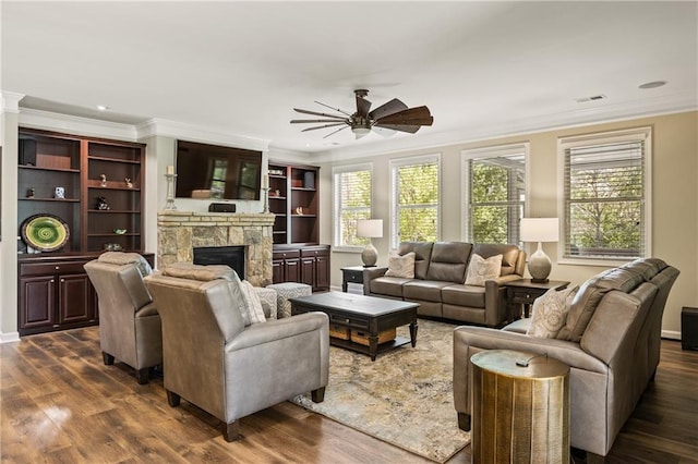 1695 Peyton Farm Dr, Alpharetta, GA 30004 - living room with ornamental molding, a fireplace, a ceiling fan, dark wood finished floors, and recessed lighting