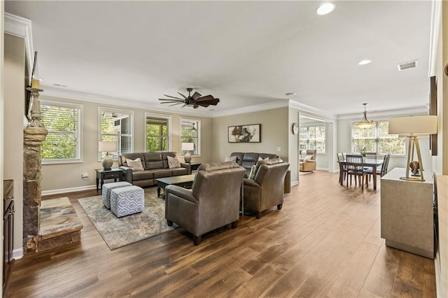 1695 Peyton Farm Dr, Alpharetta, GA 30004 - living room with crown molding, dark wood finished floors, baseboards, a ceiling fan, and recessed lighting