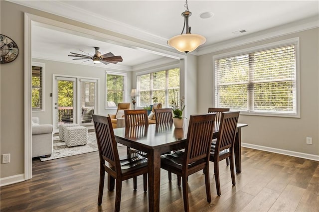 1695 Peyton Farm Dr, Alpharetta, GA 30004 - dining area with crown molding, baseboards, dark wood finished floors, and ceiling fan