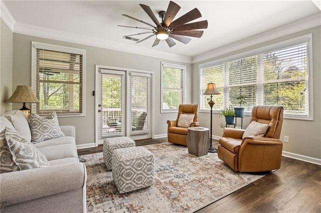 1695 Peyton Farm Dr, Alpharetta, GA 30004 - living room with crown molding, wood finished floors, a ceiling fan, and baseboards