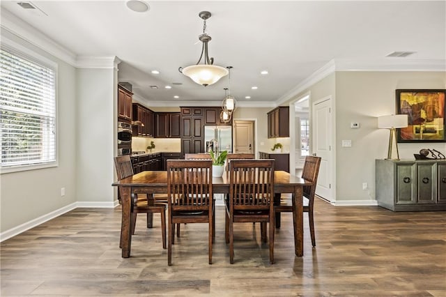 1695 Peyton Farm Dr, Alpharetta, GA 30004 - dining space featuring recessed lighting, crown molding, dark wood-type flooring, and baseboards