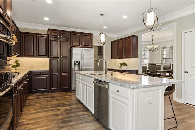 1695 Peyton Farm Dr, Alpharetta, GA 30004 - kitchen featuring stainless steel appliances, a sink, dark brown cabinets, a center island with sink, and white cabinetry