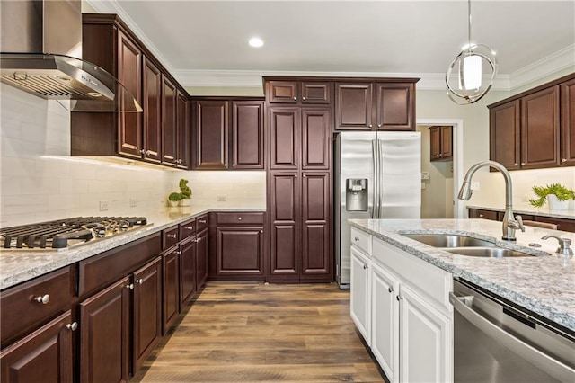 1695 Peyton Farm Dr, Alpharetta, GA 30004 - kitchen featuring stainless steel appliances, wall chimney range hood, a sink, ornamental molding, and dark wood-type flooring