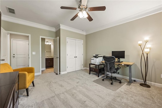 1695 Peyton Farm Dr, Alpharetta, GA 30004 - office with crown molding, a ceiling fan, light colored carpet, and baseboards