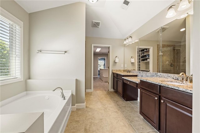 1695 Peyton Farm Dr, Alpharetta, GA 30004 - full bathroom with a stall shower, vanity, a bath, lofted ceiling, and tile patterned floors