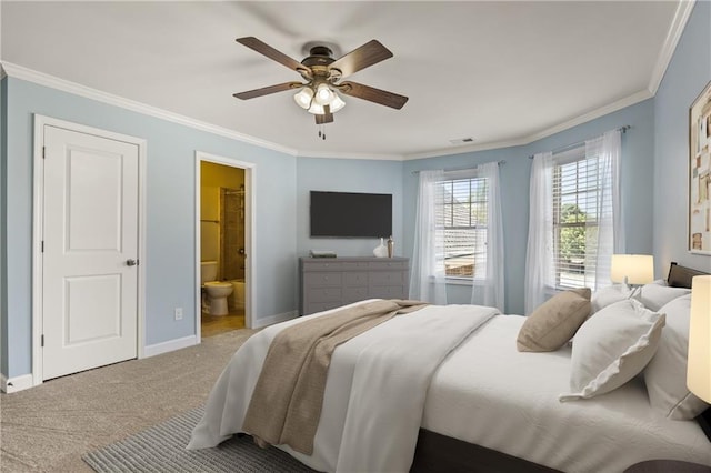 1695 Peyton Farm Dr, Alpharetta, GA 30004 - bedroom featuring crown molding, carpet flooring, baseboards, ensuite bathroom, and ceiling fan
