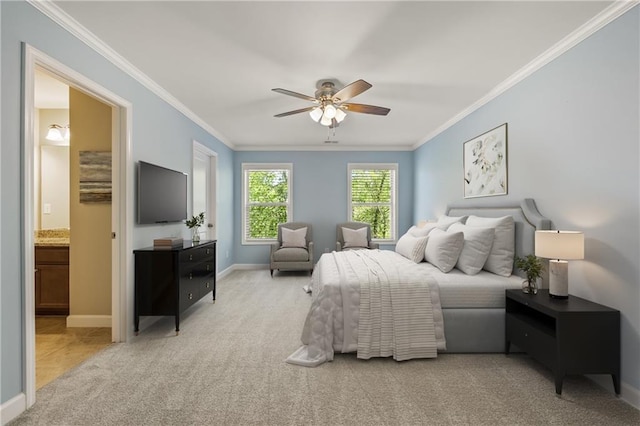 1695 Peyton Farm Dr, Alpharetta, GA 30004 - carpeted bedroom featuring crown molding, baseboards, connected bathroom, and ceiling fan
