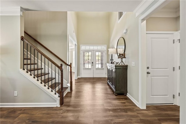 1695 Peyton Farm Dr, Alpharetta, GA 30004 - entrance foyer with ornamental molding, baseboards, dark wood-style floors, stairs, and french doors