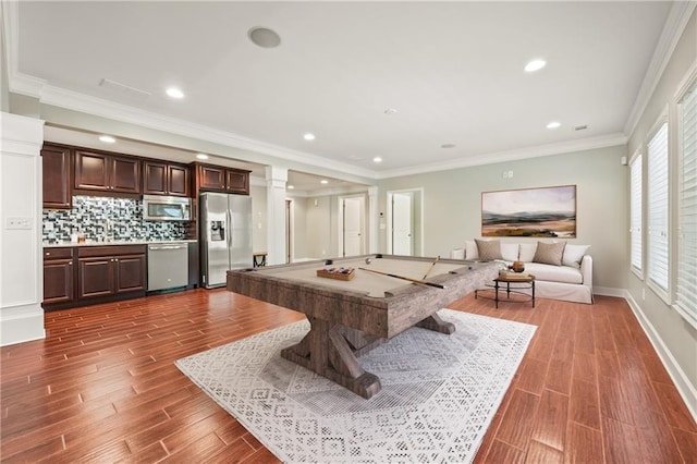 1695 Peyton Farm Dr, Alpharetta, GA 30004 - rec room with pool table, dark wood finished floors, recessed lighting, baseboards, and decorative columns