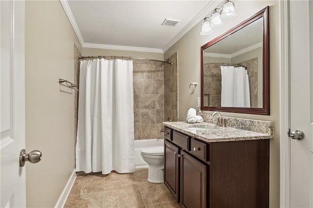 1695 Peyton Farm Dr, Alpharetta, GA 30004 - full bathroom featuring toilet, vanity, crown molding, shower / bath combo with shower curtain, and baseboards