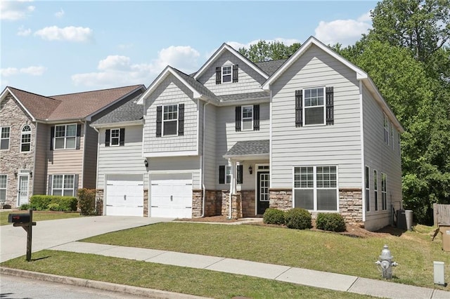 view of front of house with central AC, a front lawn, driveway, stone siding, and an attached garage