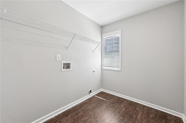 laundry room featuring dark wood finished floors, laundry area, baseboards, electric dryer hookup, and washer hookup