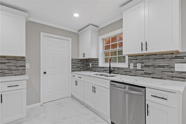 kitchen with white cabinets, light stone counters, a sink, marble finish floor, and stainless steel dishwasher