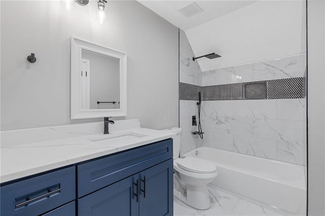 full bathroom with vanity, marble finish floor, shower / bath combination, and toilet