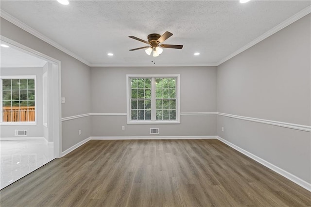 spare room with visible vents, recessed lighting, ceiling fan, and wood finished floors