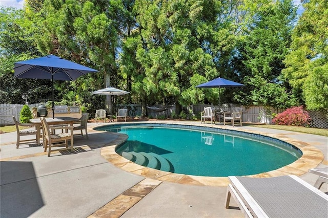 view of pool featuring a fenced in pool, a patio area, a fenced backyard, and outdoor dining space