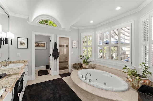 full bath with a stall shower, recessed lighting, tile patterned floors, crown molding, and a tub with jets