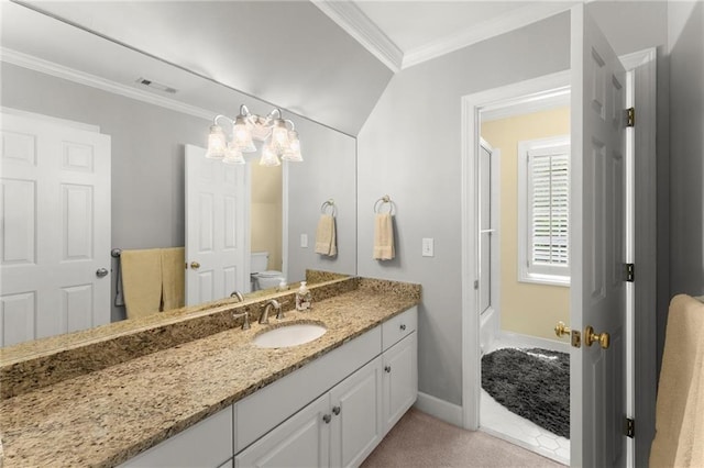 full bath with vanity, baseboards, ornamental molding, toilet, and visible vents