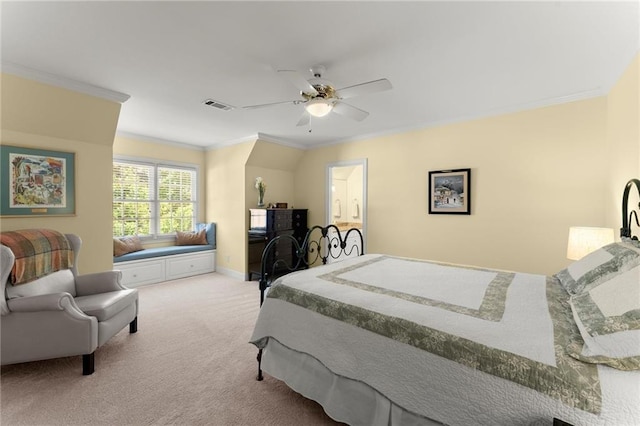 bedroom with visible vents, baseboards, ceiling fan, carpet, and crown molding