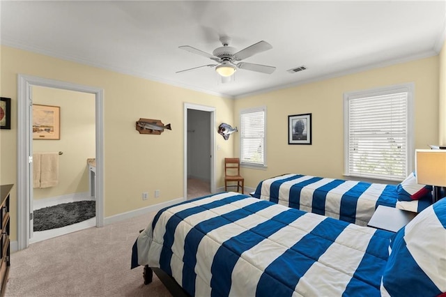 bedroom featuring ornamental molding, visible vents, multiple windows, and carpet floors