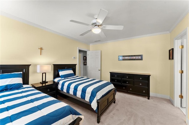 bedroom with light carpet, baseboards, crown molding, and ceiling fan
