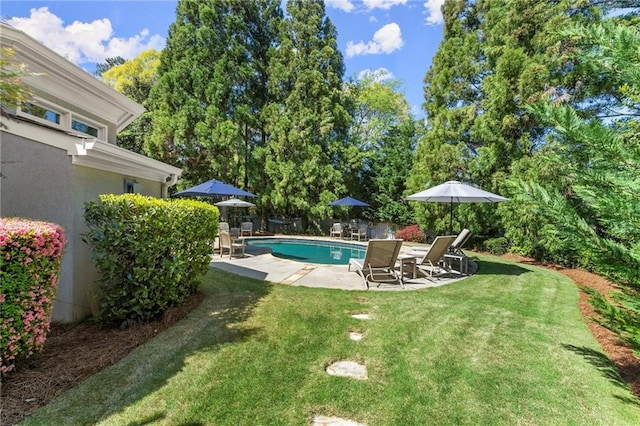 outdoor pool with a patio and a lawn