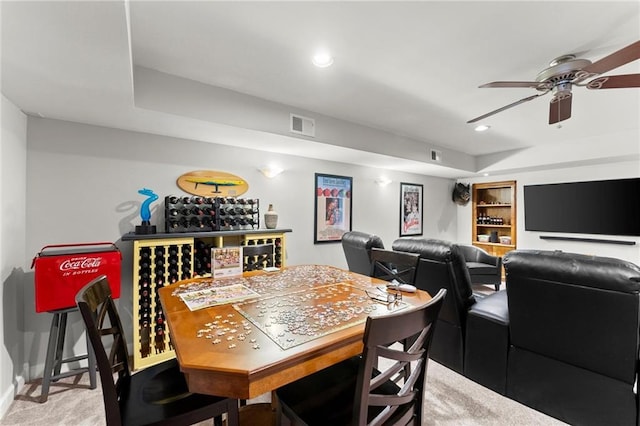 dining area with ceiling fan, carpet, visible vents, recessed lighting, and baseboards