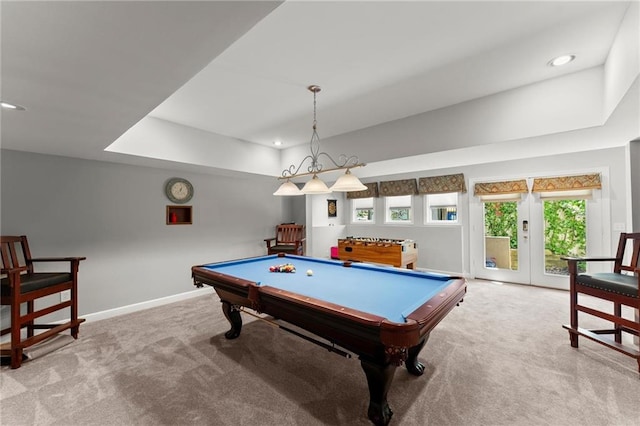 recreation room with baseboards, a raised ceiling, carpet floors, billiards, and recessed lighting
