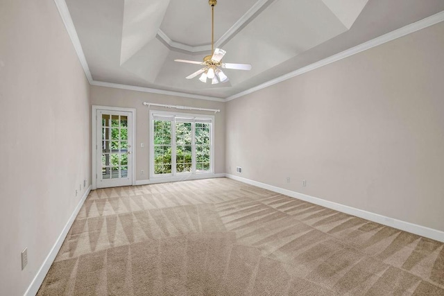 3171 Blairhill Ct, Atlanta, GA 30340 - empty room featuring crown molding, carpet flooring, a raised ceiling, ceiling fan, and baseboards