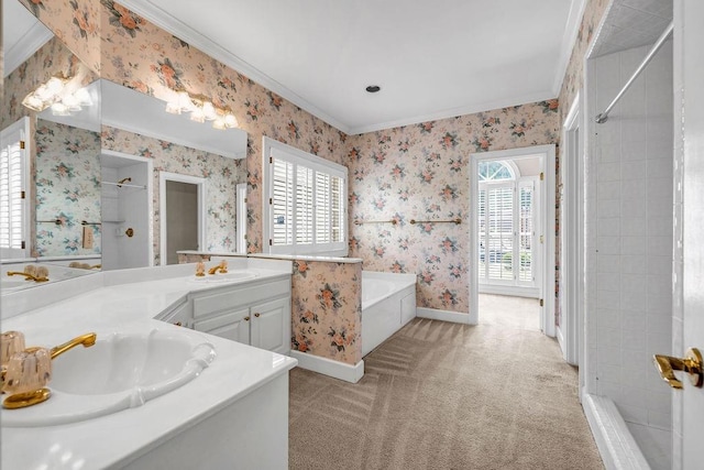 3171 Blairhill Ct, Atlanta, GA 30340 - bathroom with a shower stall, crown molding, double vanity, baseboards, and a bath