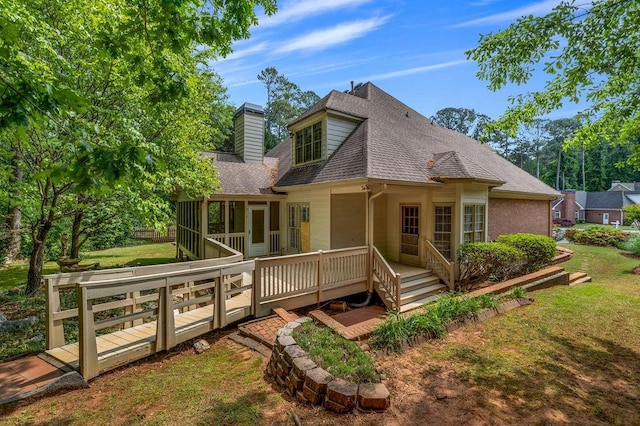 3171 Blairhill Ct, Atlanta, GA 30340 - rear view of property featuring a lawn, a deck, a chimney, and roof with shingles