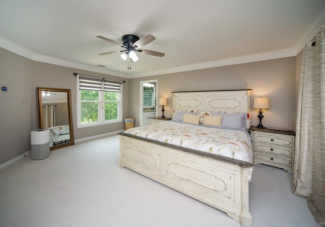 2521 Wood Creek Ct, Dacula, GA 30019 - bedroom featuring light carpet, crown molding, and ceiling fan